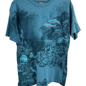 Vintage 90s Signal Sport AOP Ocean T-Shirt Mens Large Blue Dolphin Single Stitch